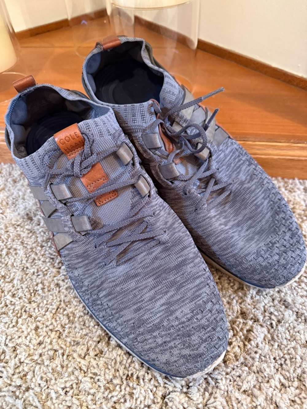 Cole Haan Men’s Gray Knit Athletic Sneakers with Brown Leather Accents